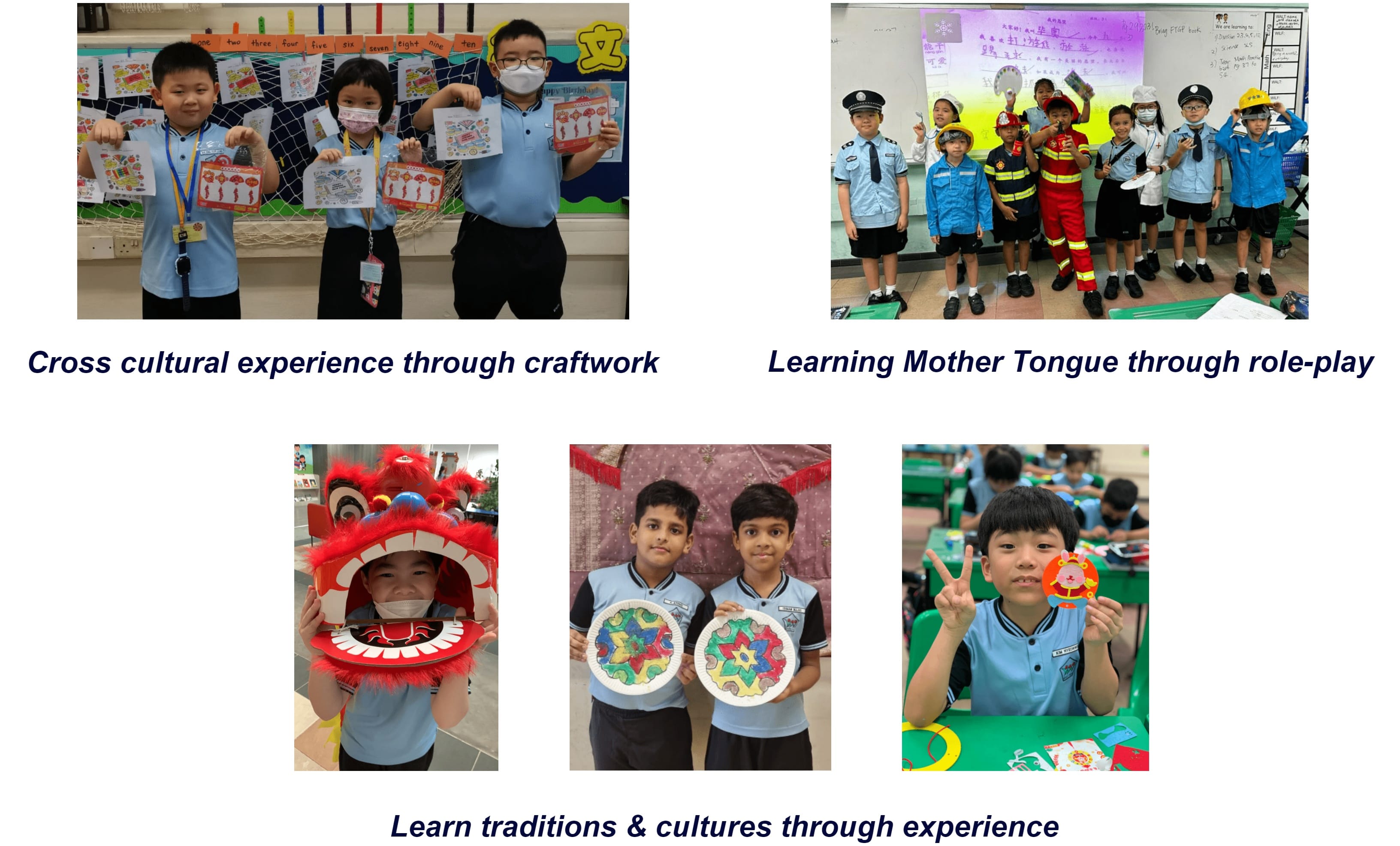 Five school activity photos showing children doing craftwork, role-playing careers, and displaying cultural crafts.